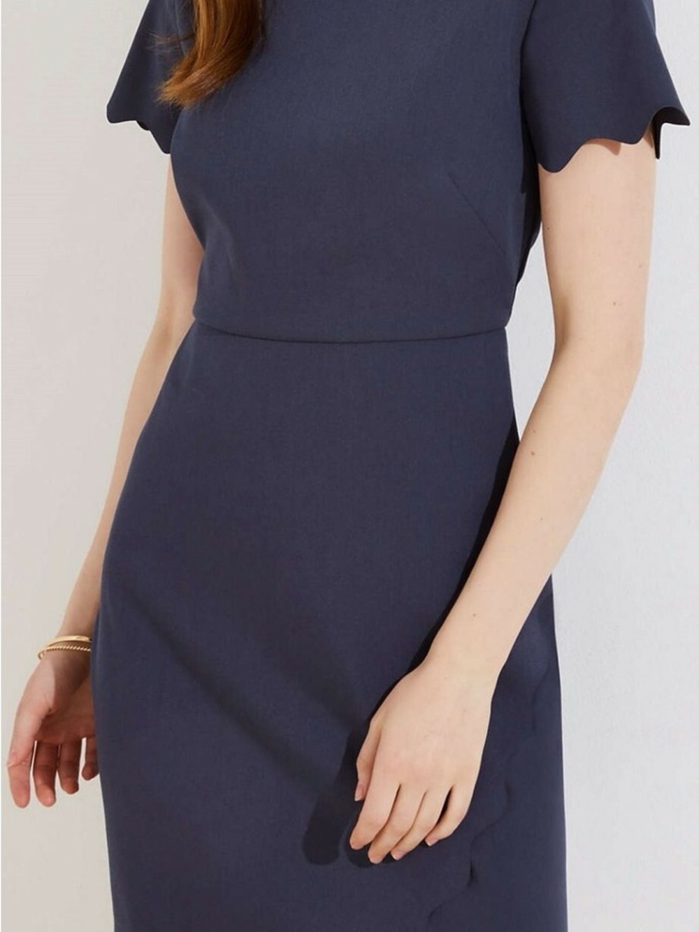 LOFT Grey Midi Dress with Scallop Sleeves + Skirt Detail